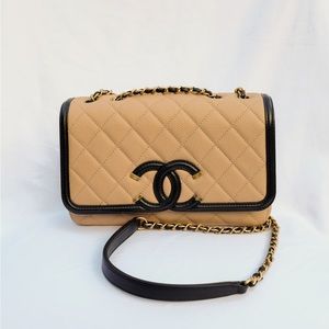 Full Set Chanel Filigree Flap Bag Beige and Black